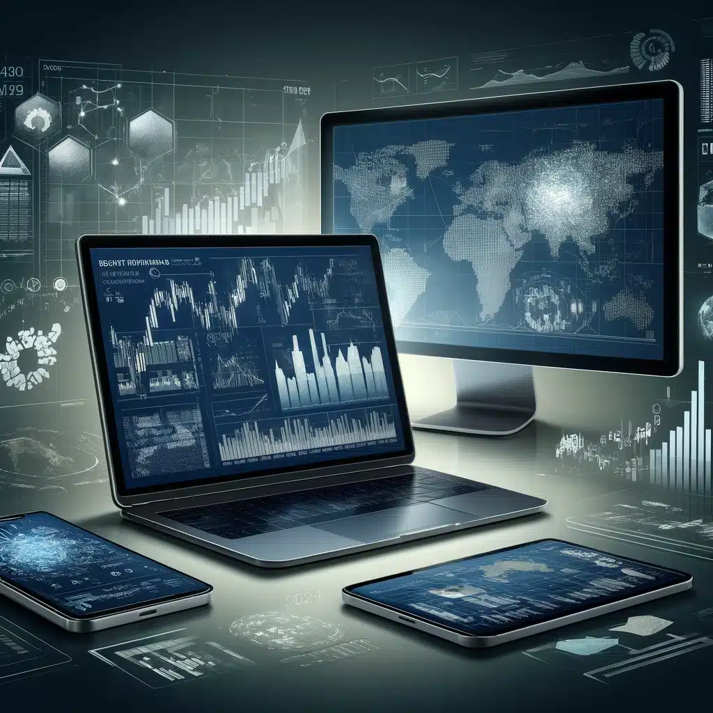 A modern and professional digital illustration showing a selection of derivative trading platforms on various devices like a laptop, tablet, and smart