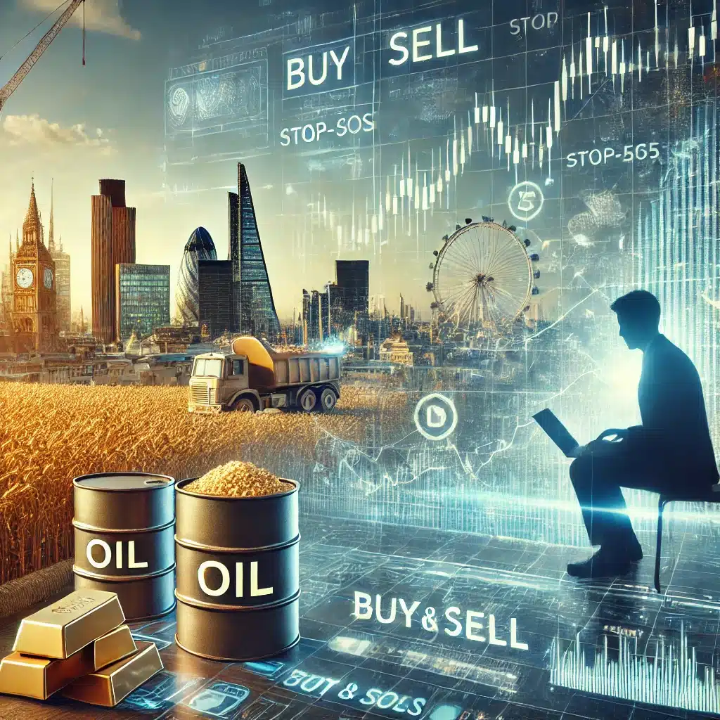 reflecting the article on commodity trading in the UK. It features a dynamic trading environment, with visual elements of oil, gold, and agriculture, alongside iconic London landmarks to symbolize the UK trading scene. The digital dashboard showcases key trading metrics like "Buy" and "Sell" options, chart fluctuations, and stop-loss settings, all representing the essence of trading on platforms such as Plus500