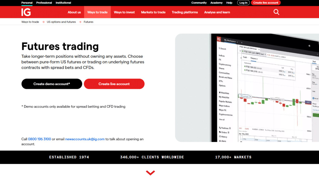 IG Futures Trading platform offering spread betting and CFD trading with demo and live account options.