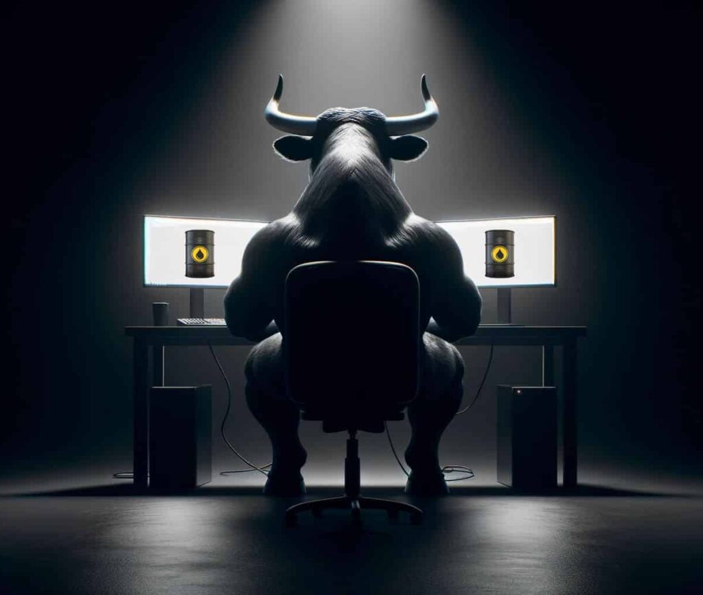 The image shows a large, muscular bull figure seated at a desk, facing multiple computer monitors with images of oil barrels displayed on the screens. The scene is dimly lit, focusing on the bull, which seems to symbolize a bullish or aggressive market investor focused on oil trading. The setting has a dramatic and intense mood, likely representing someone deeply involved in high-stakes trading, particularly in commodities like oil