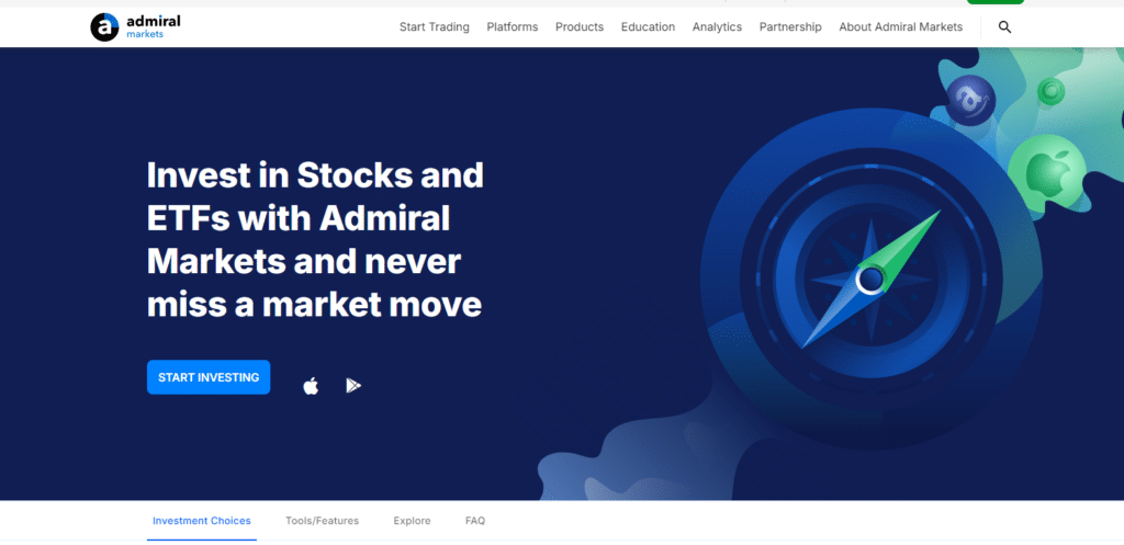 Admiral Markets platform promoting investment in stocks and ETFs, featuring a blue compass graphic and investment options for iOS and Android apps.