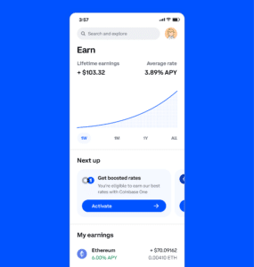 Coinbase crypto app showcasing the 'Earn' feature with lifetime earnings, APY rate, and boosted rates for Ethereum staking.