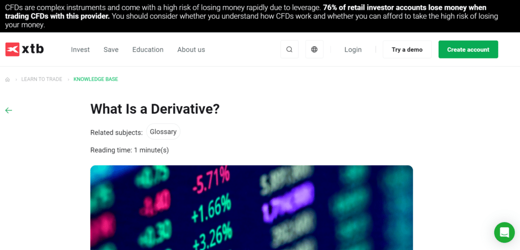 XTB's knowledge base explaining derivatives, offering a glossary of terms and educational resources for beginner traders.