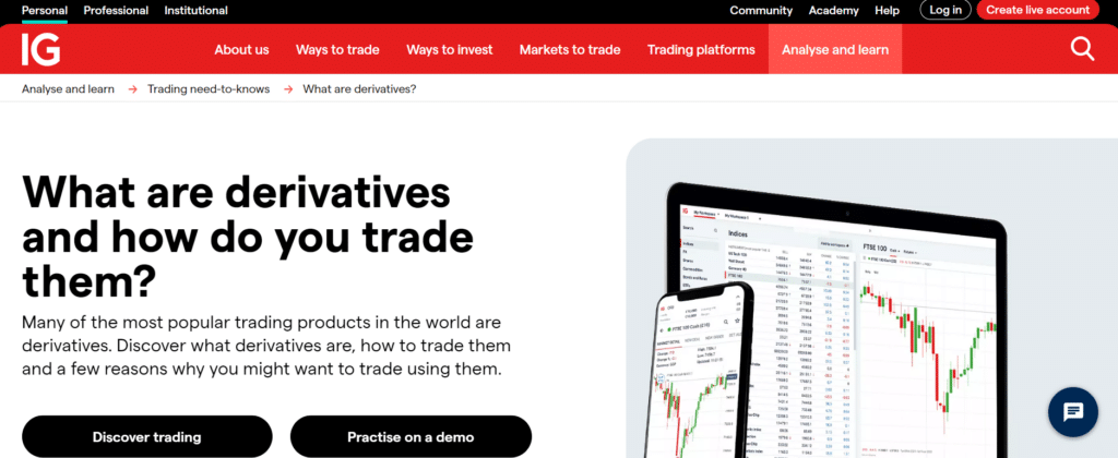 IG platform explaining what derivatives are and how to trade them, with a focus on popular trading products and user-friendly features.