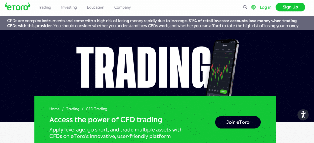 eToro CFD trading page highlighting the benefits of leverage, short selling, and access to multiple assets on a user-friendly platform.