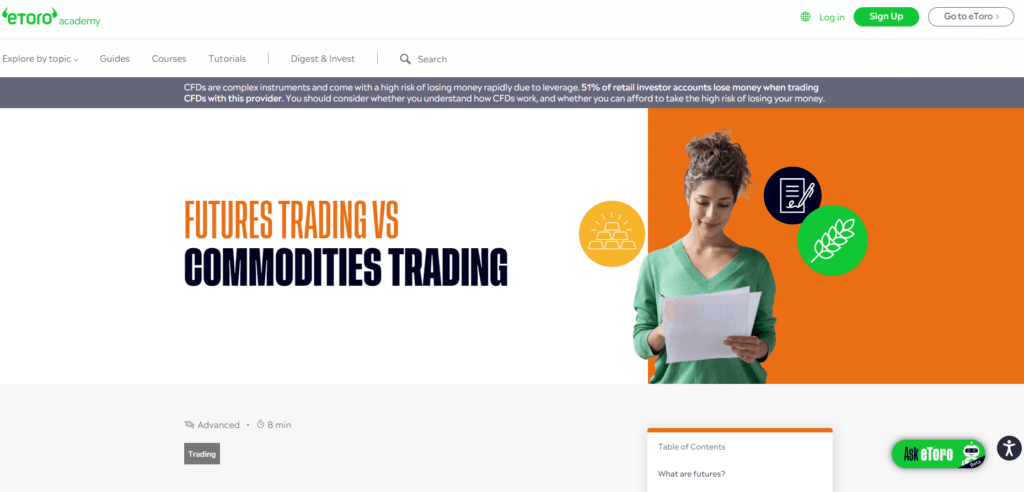 eToro educational page comparing futures trading with commodities trading, highlighting the complexity and risk involved in CFDs.