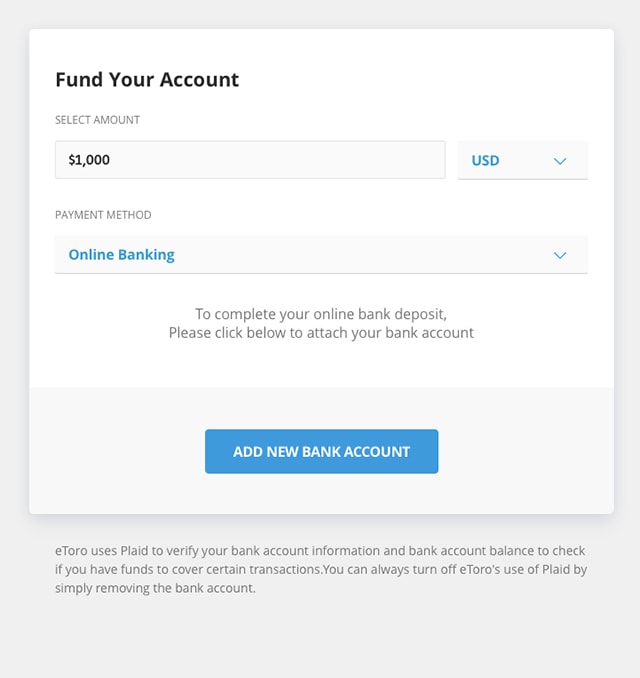 Steps to fund your account on eToro for buying Bitcoin in the UK, showing options for bank transfer and credit/debit card payments.