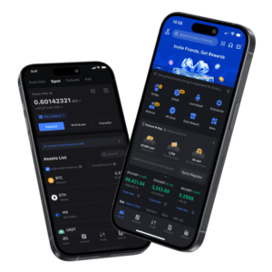 Mexc crypto app dashboard featuring asset list, trading options, and referral rewards, highlighting user-friendly design.