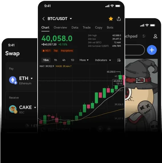 OKX crypto trading app interface showcasing advanced trading charts and swap feature for Ethereum to Cake token.