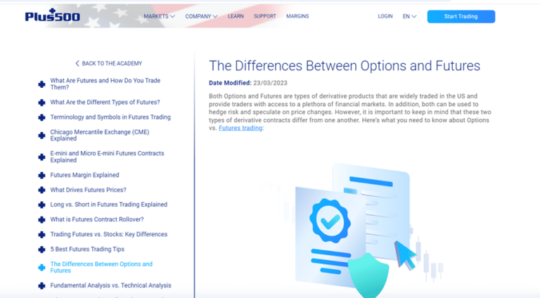 Plus500 guide explaining the differences between options and futures trading, including key features of derivative contracts in global financial markets.