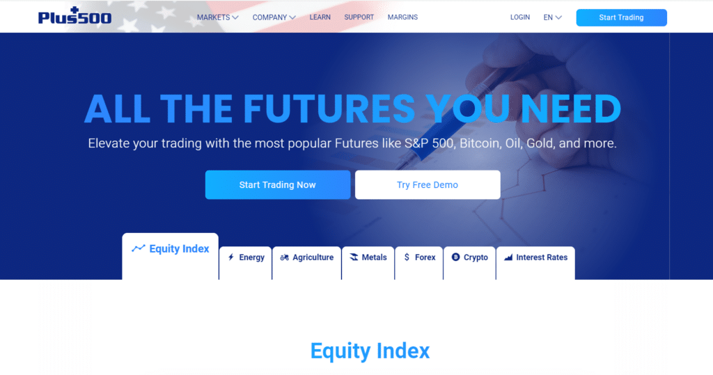 Plus500 futures trading platform featuring popular futures markets like S&P 500, Bitcoin, Oil, and Gold with demo and live trading options.