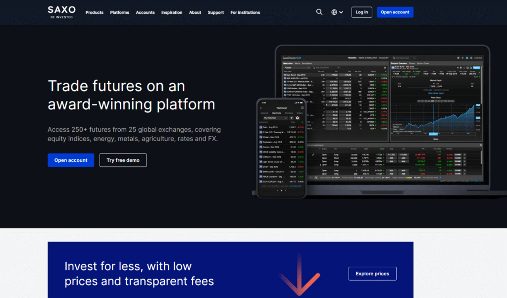 Saxo Bank futures trading platform showcasing access to 250+ futures markets with an award-winning trading platform.