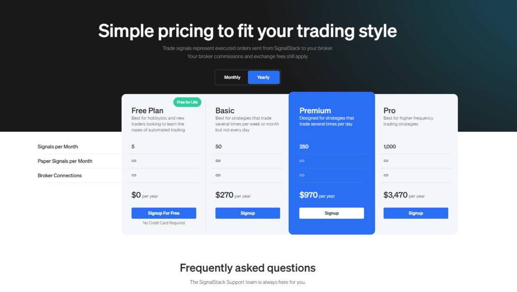 SignalStack pricing plans for automated trading, including Free, Basic, Premium, and Pro tiers with features like trade signals per month, broker connections, and pricing options.