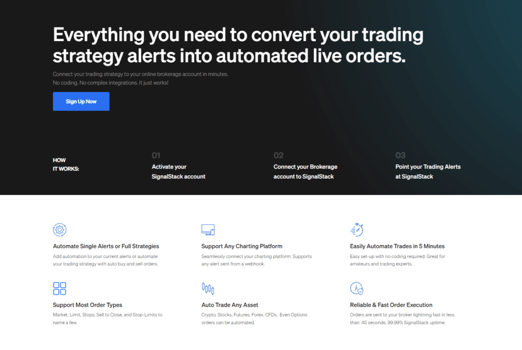 SignalStack product features for automating trading strategies, supporting various order types, assets, and charting platforms with fast order execution and easy setup