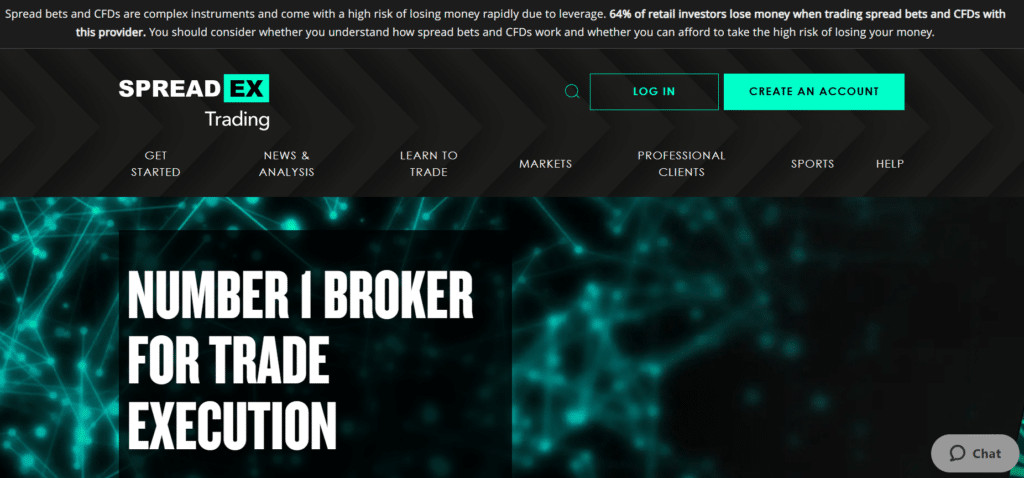 Spreadex trading platform showcasing its number one broker status for trade execution in spread bets and CFDs.