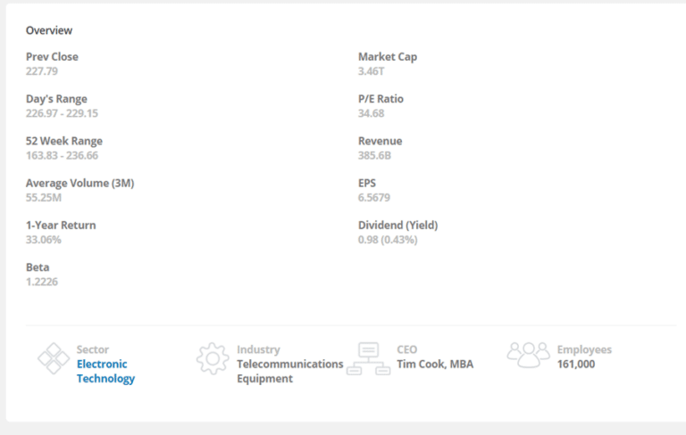 Detailed financial overview of Apple stock on a trading platform, including market cap, P/E ratio, revenue, and other key metrics.