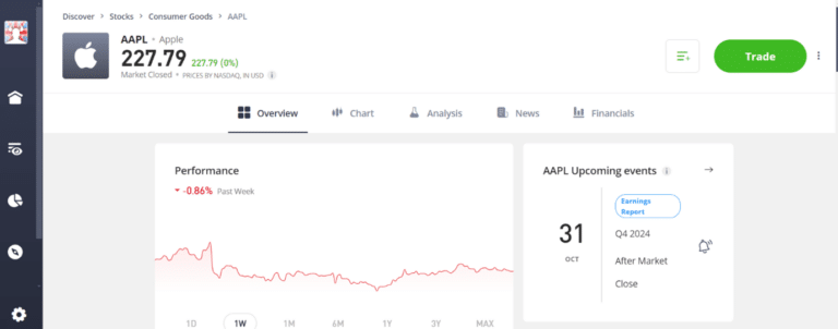 Apple stock performance overview on the eToro platform, displaying stock price, performance chart, and upcoming earnings report.