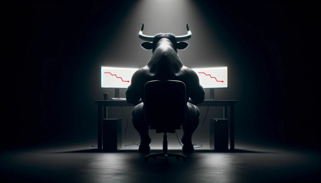 Image of a bull shorting stocks on two computer screens