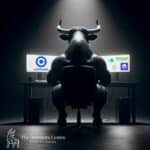 Bullish figure at a desk analyzing platforms like Coinbase, eToro, and Kraken, showcasing the best Coinbase alternatives.