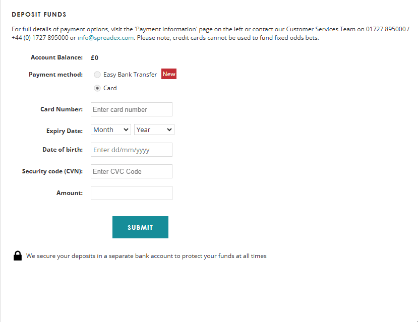 Deposit funds screen on Spreadex platform showing options for bank transfer and card payment with fields for card details, expiry date, and security code.