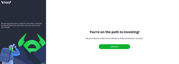eToro account verification page, emphasizing the secure onboarding process for new users in the UK with regulatory compliance and identity verification.