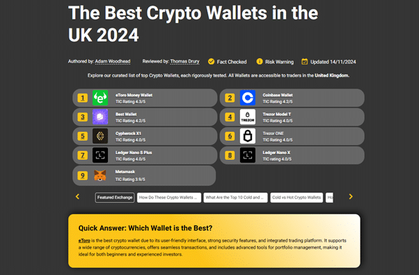 Ranked list of the best crypto wallets in the UK for 2024, including eToro Money Wallet, Coinbase Wallet, and Ledger Nano S Plus with user ratings.