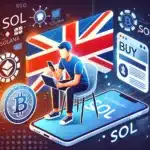 Vibrant illustration of a person in the UK using a smartphone and laptop to purchase Solana (SOL) cryptocurrency, with UK flag elements and cryptocurrency symbols in the background.