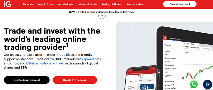 IG promotes its platform as the world’s leading online trading provider, offering access to 17,000+ markets and expert tools for investors and traders.
