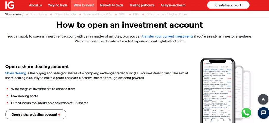 IG guides users on opening an investment account, detailing features like wide market access, low dealing costs, and out-of-hours US share trading