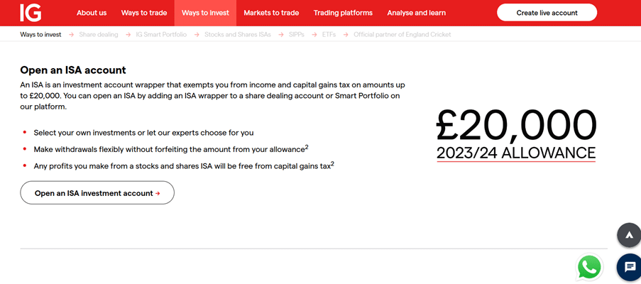 Open a flexible ISA account with IG to maximize returns, exempt from capital gains tax and income tax, with a £20,000 allowance for 2023/24.