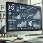 A detailed illustration of a desktop screen featuring the IG investment platform, with stock charts, portfolio metrics, and trading tools in a modern workspace, highlighting investment management and evaluation.