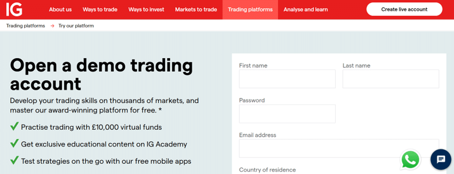 Open a demo trading account with IG and access £10,000 in virtual funds to practice trading. Master strategies on thousands of markets risk-free.