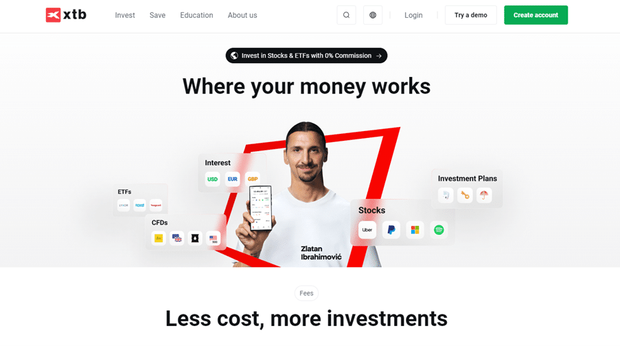 XTB homepage featuring investment options in ETFs, CFDs, and stocks with branding by Zlatan Ibrahimović, promoting global market access.