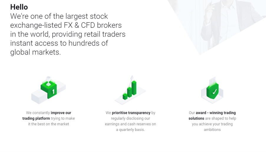 XTB company overview with focus on stock exchange listing, prioritizing transparency, platform improvement, and award-winning trading solutions.