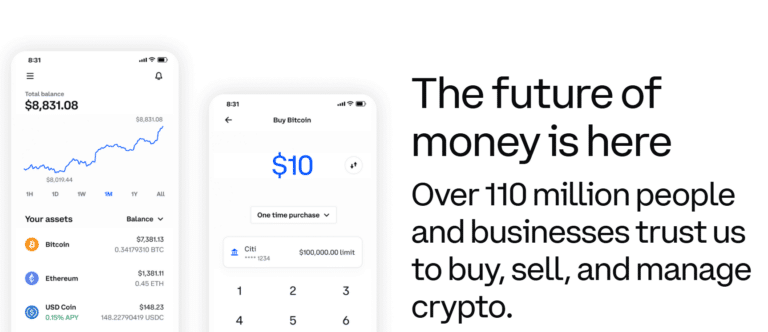 coinbase advanced user interface showing mobile application and how over 100 million people and business trust the platform to manage crypto