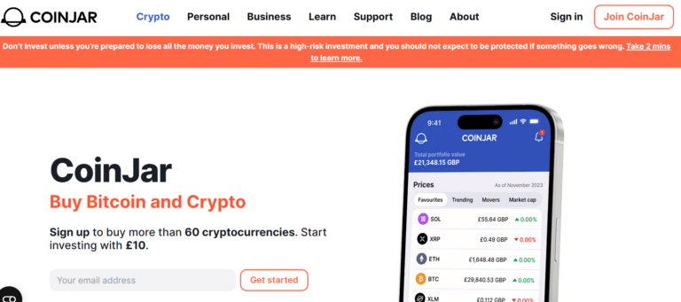 coinjar home page featuring number of crypto currencies and user friendly mobile app and minimum £10 investment