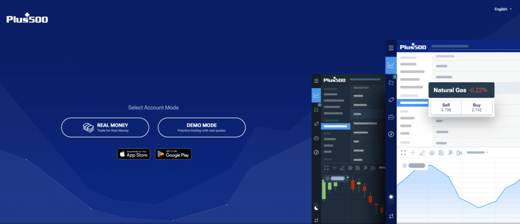 Plus500 trading platform homepage with options to select real money or demo mode for trading, showcasing the mobile app download options.