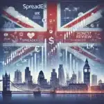 Professional image with financial trading elements such as charts and currency symbols, a UK-themed backdrop featuring the London skyline, and SpreadEX branding, designed for a blog review targeting UK traders.