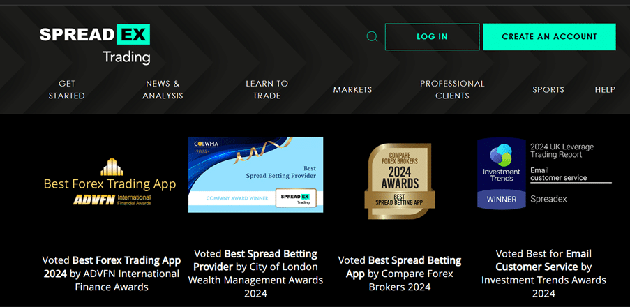 Spreadex Trading homepage showcasing awards including Best Forex Trading App 2024 by ADVFN, Best Spread Betting Provider by the City of London Wealth Management Awards 2024, and Best for Email Customer Service by Investment Trends Awards 2024.