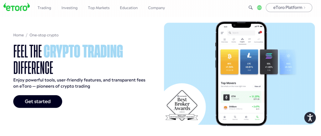 eToro homepage showcasing its user-friendly crypto trading platform with a smartphone app interface and award for Best Broker in 2024.