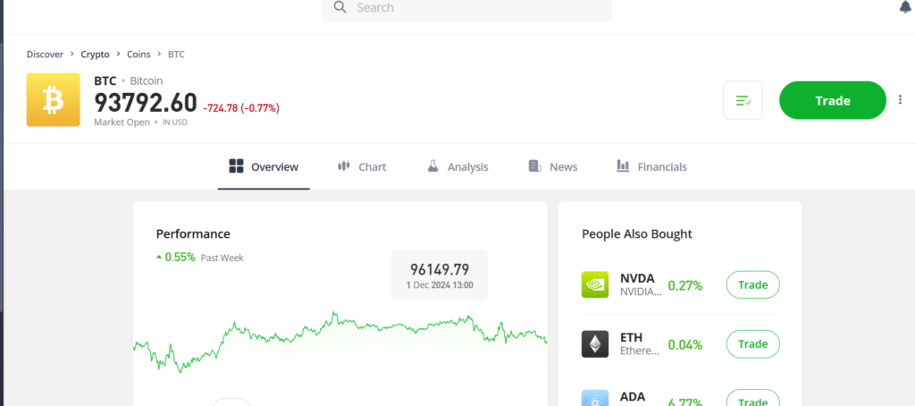 eToro Bitcoin trading interface displaying current price trends, performance analytics, and related cryptocurrencies for seamless investment decisions.