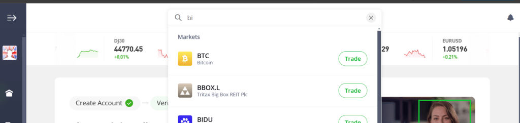 eToro funding interface for Irish users, showcasing the option to deposit €1,000 using a debit card with instant processing.