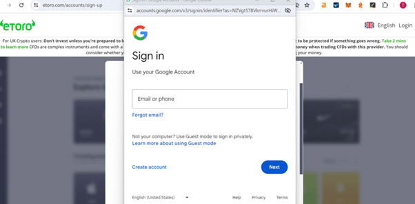 Google login option for eToro account setup, making it easy for UK investors to start trading Tesla shares.