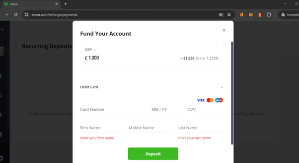 eToro deposit page showing how to fund your account in GBP using debit cards for buying Tesla shares in the UK.