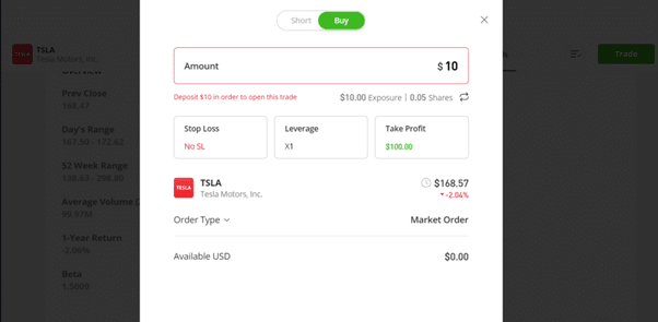 eToro buy screen for Tesla shares, displaying order options, stop loss, and take profit settings for UK traders.