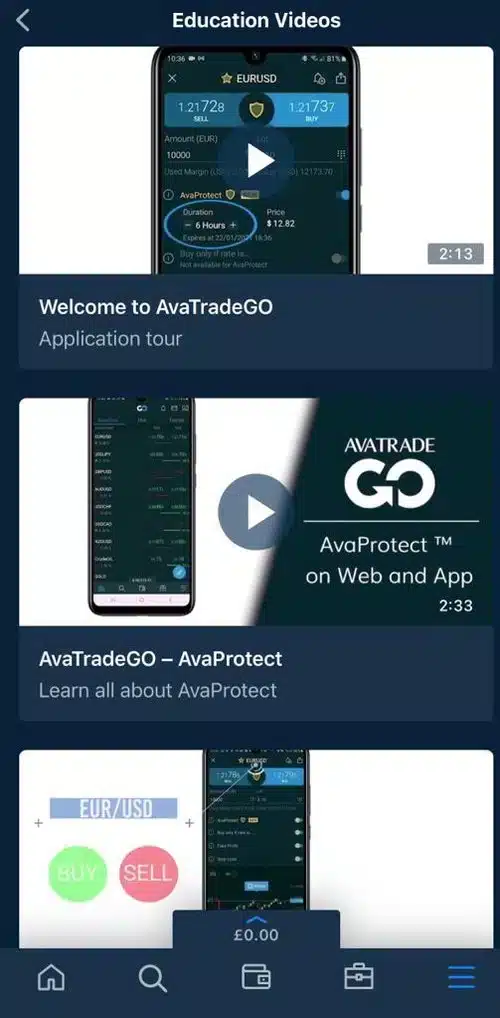 AvaTradeGO trading platform displaying instrument categories including forex, indices, commodities, stocks, ETFs, and bonds.