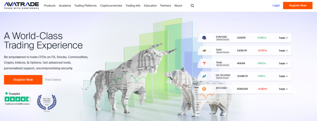 AvaTrade homepage showcasing a world-class trading experience with diverse instruments like forex, stocks, commodities, and cryptocurrencies. Features bulls and bears.