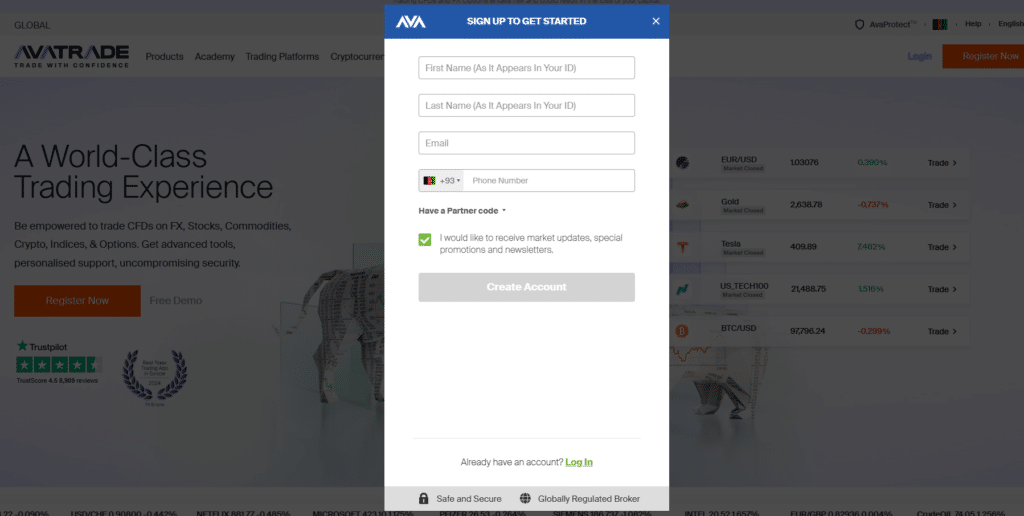 AvaTrade account registration form with fields for name, email, phone number, and partner code. Secure, globally regulated trading platform.