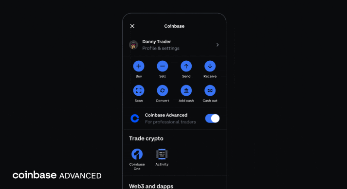 Coinbase Advanced interface showcasing buy, sell, and other trading options for professional traders, with a toggle to enable advanced trading features