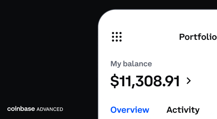 Coinbase Advanced portfolio overview displaying a user balance of $11,308.91 with quick access to trading activity and portfolio details.